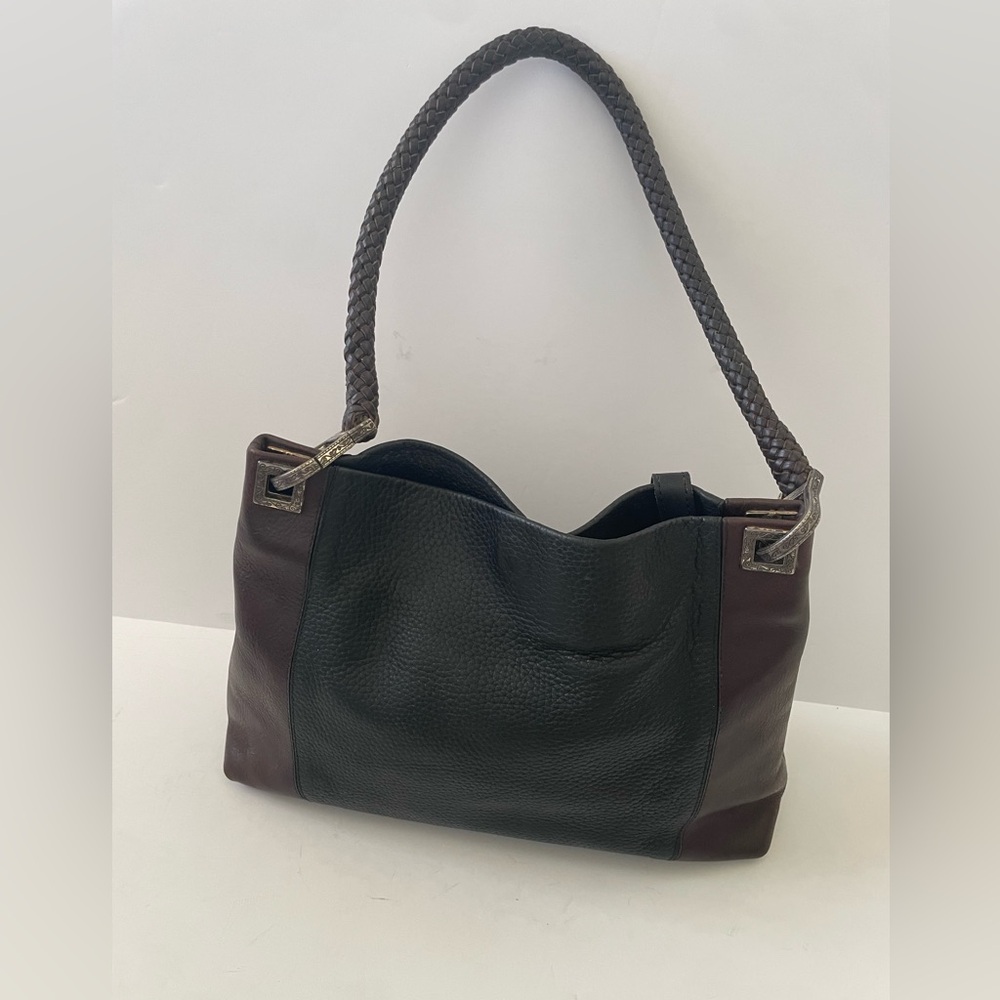 Brighton Two-Tone Black Brown Leather Shoulder Purse Handbag Tote Woven Handles - Picture 2 of 8